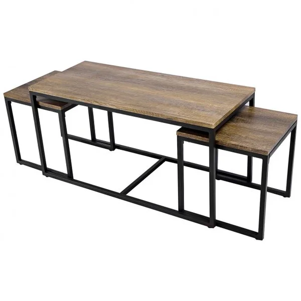 3 Tables Basses Gigognes Style Vintage Industriel en Mdf et Métal 90x44x50cm/lot de 2 Tables 40x39x40cm Naturel+Noir