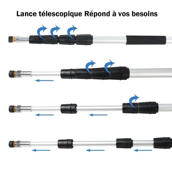 4400PSI Lance Télescopique Nettoyeur Haute Pression 5M avec Buses de Pulvérisation à 5 Angles Tige Extensible pour Lave-auto