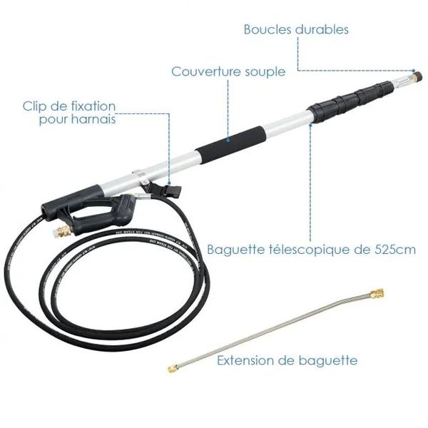 4400PSI Lance Télescopique Nettoyeur Haute Pression 5M avec Buses de Pulvérisation à 5 Angles Tige Extensible pour Lave-auto