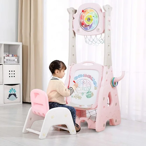 6-en-1 Panier de Basketball avec But de Football Fléchettes Golf Chaise Lancer d'Anneaux Rose