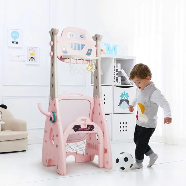 6-en-1 Panier de Basketball avec But de Football Fléchettes Golf Chaise Lancer d'Anneaux Rose
