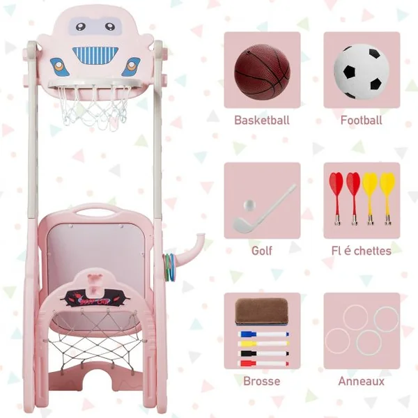 6-en-1 Panier de Basketball avec But de Football Fléchettes Golf Chaise Lancer d'Anneaux Rose
