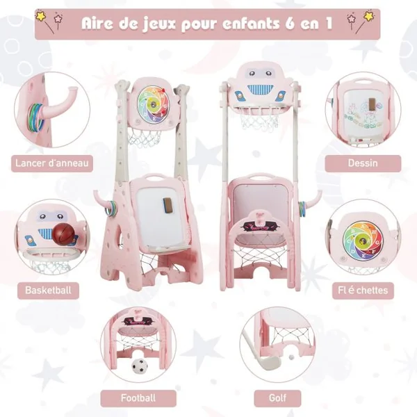6-en-1 Panier de Basketball avec But de Football Fléchettes Golf Chaise Lancer d'Anneaux Rose