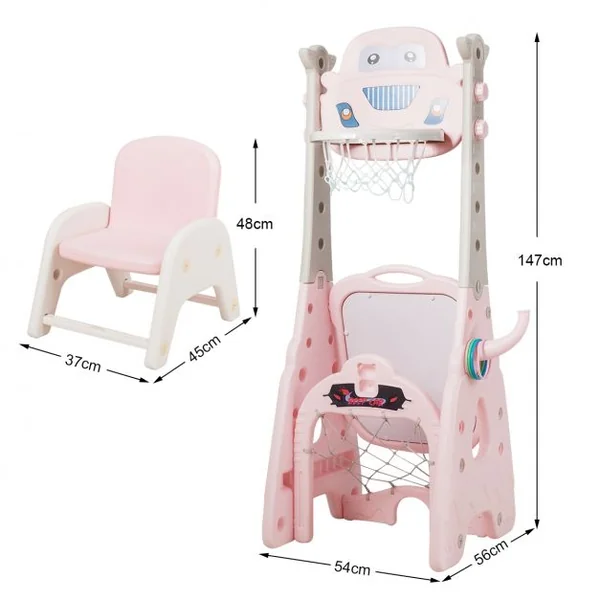 6-en-1 Panier de Basketball avec But de Football Fléchettes Golf Chaise Lancer d'Anneaux Rose