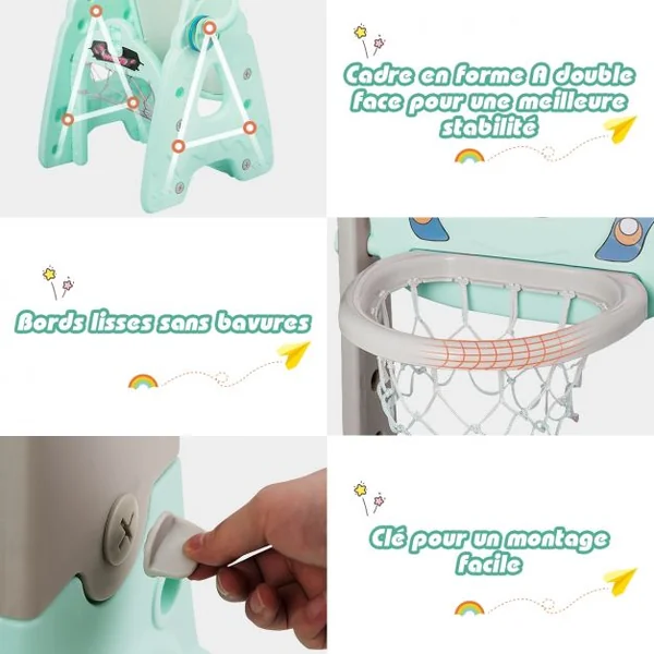 6-en-1 Panier de Basketball avec But de Football Fléchettes Golf Chaise Lancer d'Anneaux Vert