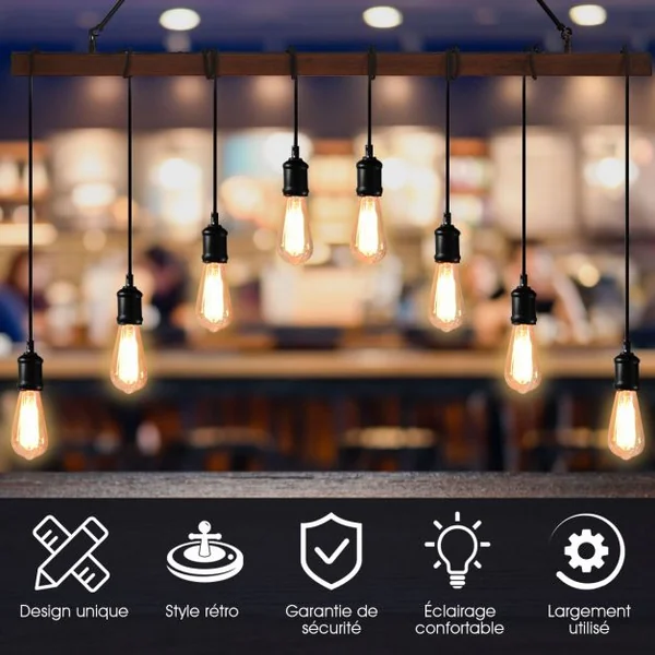 8 Lampes Suspension Luminaire Industriel pour Ampoule E27 avec Support en Barre Longueur Réglable