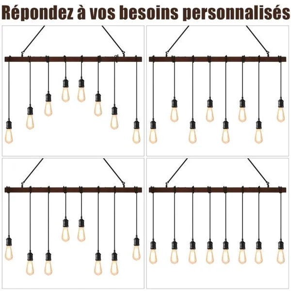 8 Lampes Suspension Luminaire Industriel pour Ampoule E27 avec Support en Barre Longueur Réglable