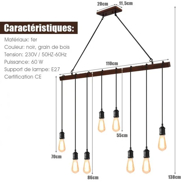 8 Lampes Suspension Luminaire Industriel pour Ampoule E27 avec Support en Barre Longueur Réglable