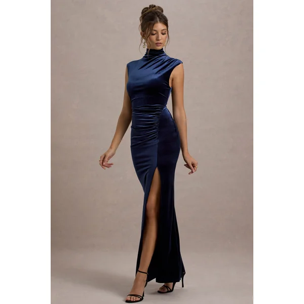 Abilene | Robe longue fendue en velours bleu marine à col montant