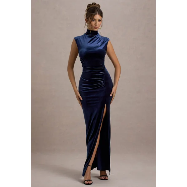 Abilene | Robe longue fendue en velours bleu marine à col montant