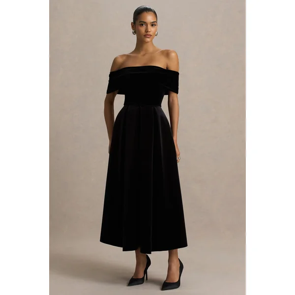 Ablaze | Robe longue Bardot en velours noir