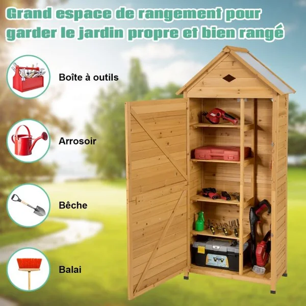Abri de Jardin Extérieur à 5 Etagères Cabane Verrouillable en Bois de Sapin Toit en Tôle Galvanisée