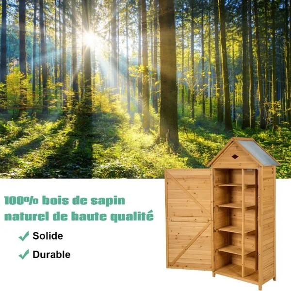Abri de Jardin Extérieur à 5 Etagères Cabane Verrouillable en Bois de Sapin Toit en Tôle Galvanisée