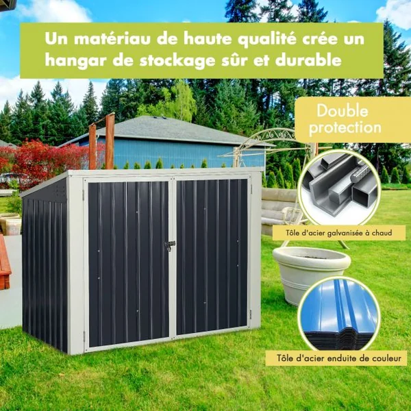 Abri de Jardin pour 2 Poubelles Cabane de Jardin pour Outils en Tôle d'Acier Galvanisée 173x97x134cm Gris Foncé