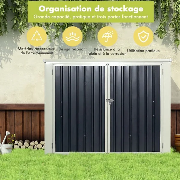 Abri de Jardin pour 2 Poubelles Cabane de Jardin pour Outils en Tôle d'Acier Galvanisée 173x97x134cm Gris Foncé