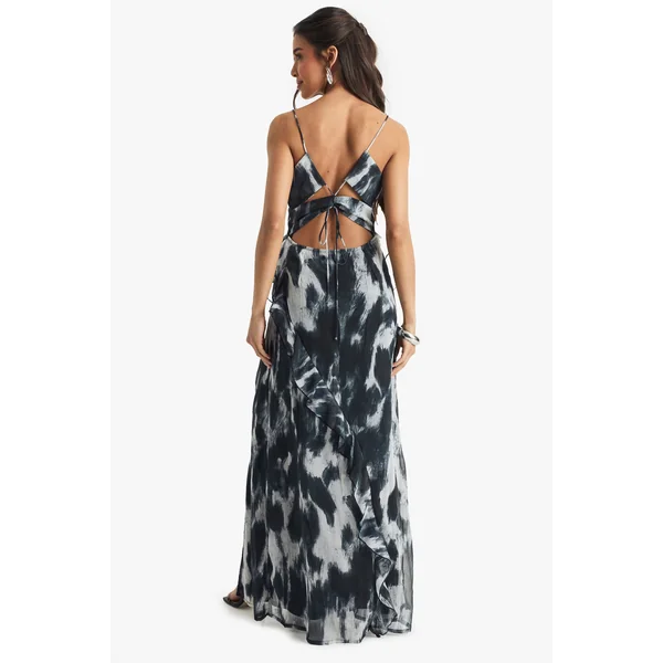 Abstract Crinkle Chiffon Ruffle Maxi Dress
