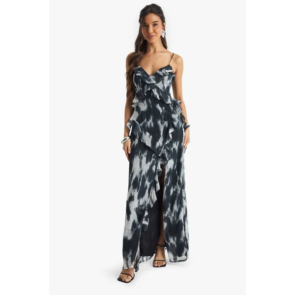 Abstract Crinkle Chiffon Ruffle Maxi Dress