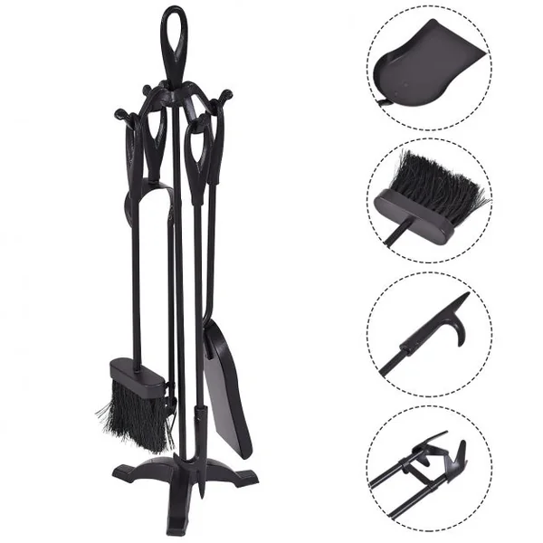 Accessoires de Cheminée 5 Pièces Ensemble Ustensiles pour Cheminée avec Support Pince Pelle Balai Tisonnier Doré