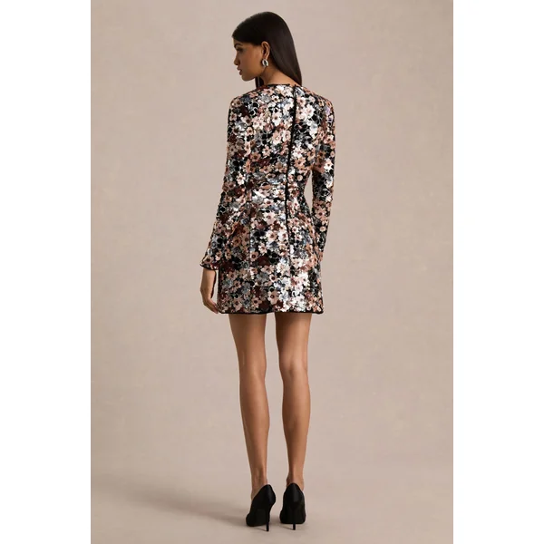 Adaline | Mini-robe noire en velours avec manches longues et détails floraux en sequins