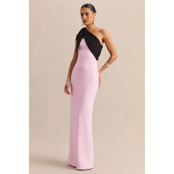 Adara | Robe longue rose et noire à encolure asymétrique avec détail nœud