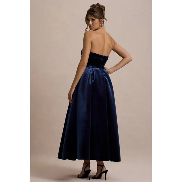 Addina | Robe Mi-Longue Patineuse Bandeau en Velours Bleu Marine