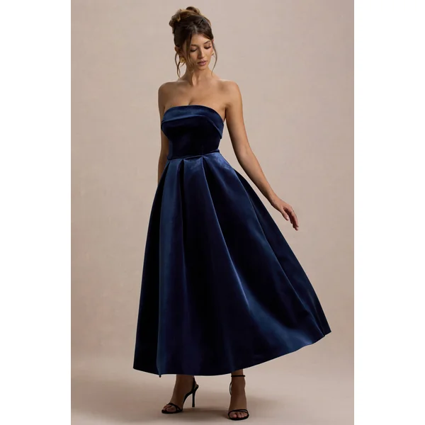 Addina | Robe Mi-Longue Patineuse Bandeau en Velours Bleu Marine
