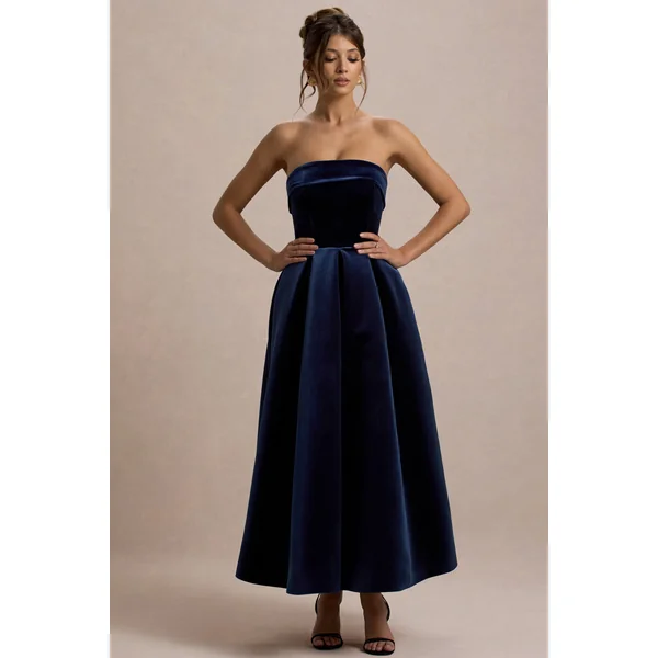 Addina | Robe Mi-Longue Patineuse Bandeau en Velours Bleu Marine