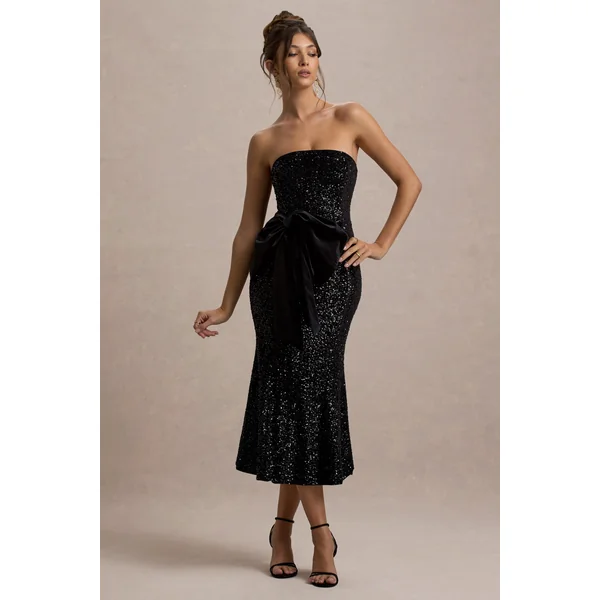Adee | Robe Mi-Longue Noire en Velours à Col Halter avec Nœud