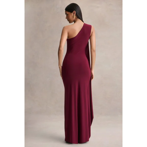 Adelina | Robe longue bordeaux à une épaule avec drapé