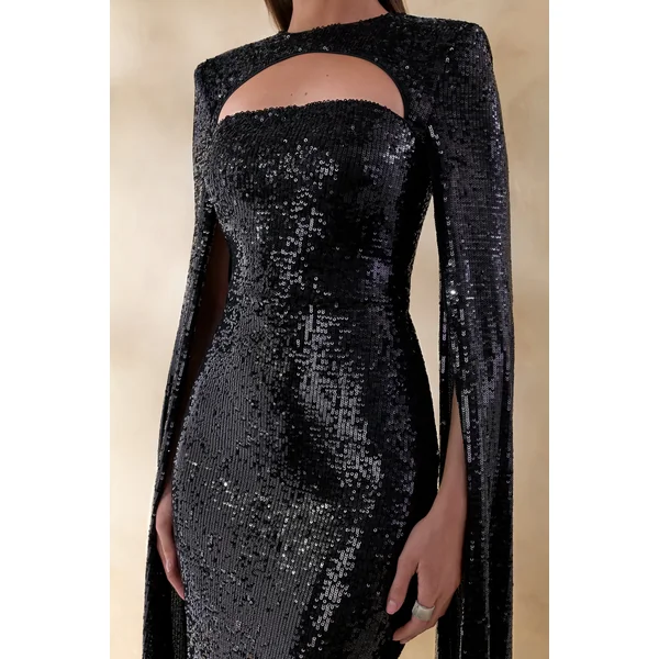 Adeline | Robe mi-longue noire à encolure ronde avec sequins et manches cape