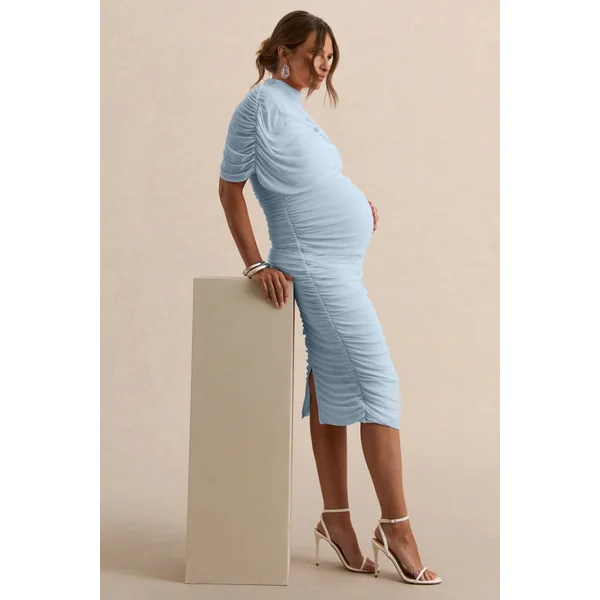 Aderyn | Robe de maternité mi-longue bleu clair à encolure haute avec manches cape transparentes