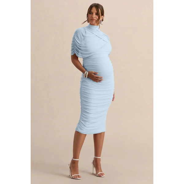 Aderyn | Robe de maternité mi-longue bleu clair à encolure haute avec manches cape transparentes