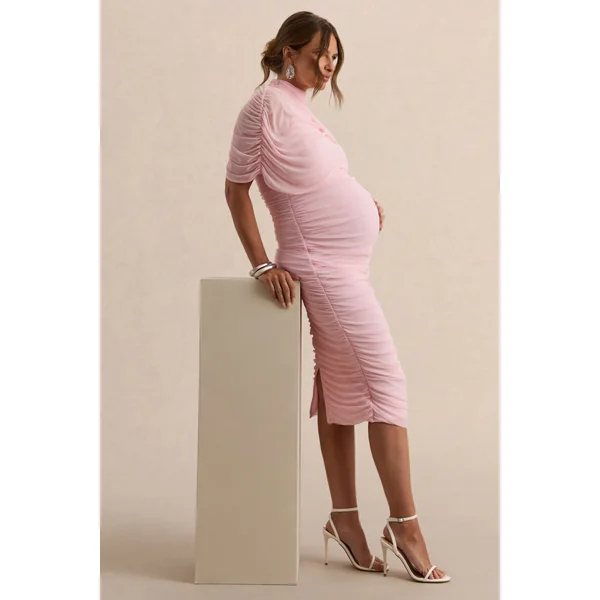Aderyn | Robe de maternité mi-longue rose clair à encolure haute avec manches cape transparentes