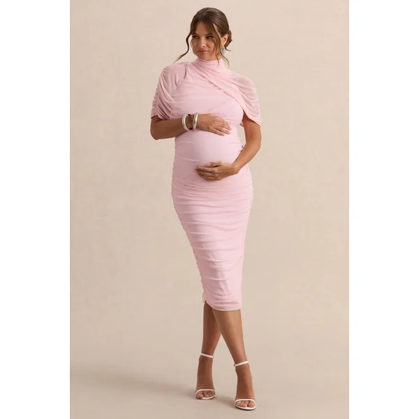 Aderyn | Robe de maternité mi-longue rose clair à encolure haute avec manches cape transparentes