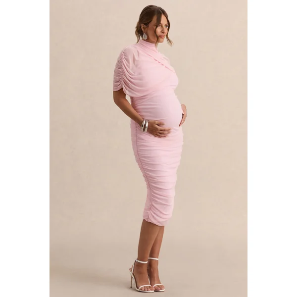 Aderyn | Robe de maternité mi-longue rose clair à encolure haute avec manches cape transparentes