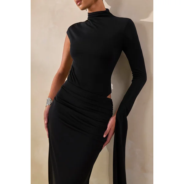 Adessa | Jupe longue noire froncée à taille asymétrique