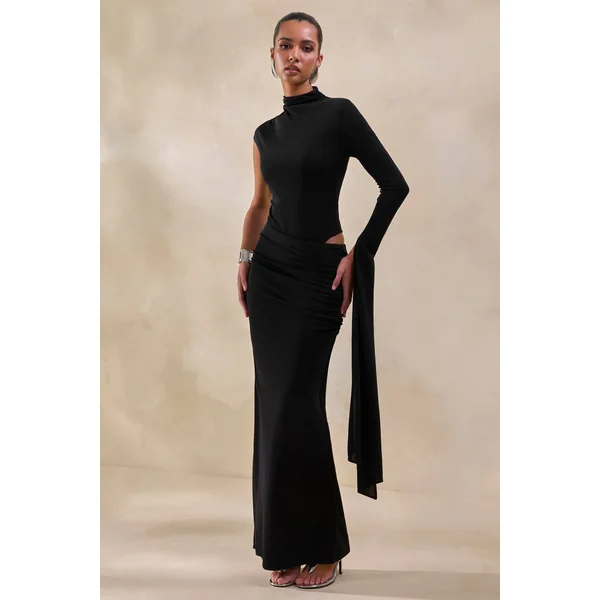 Adessa | Jupe longue noire froncée à taille asymétrique