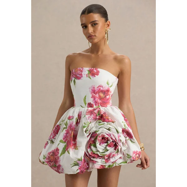 Adira | Mini-robe Bandeau à Imprimé Floral Crème avec Jupe Bouffante et Détail Volanté