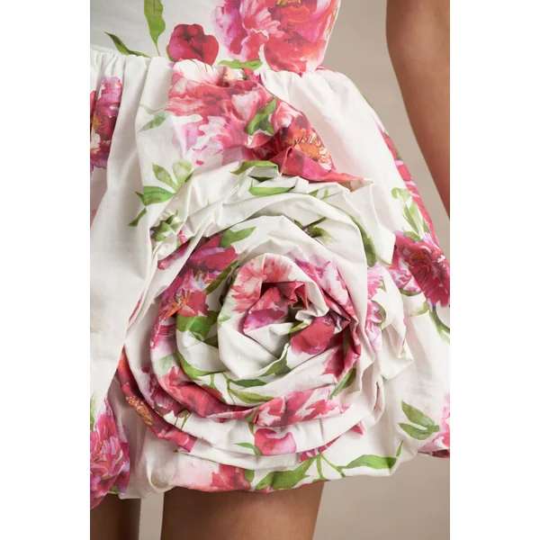 Adira | Mini-robe Bandeau à Imprimé Floral Crème avec Jupe Bouffante et Détail Volanté