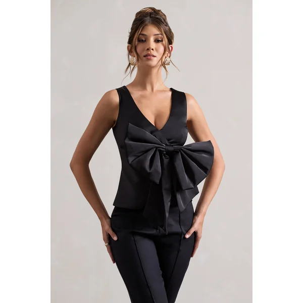 Adoration | Haut en satin noir décolleté plongeant et noeud