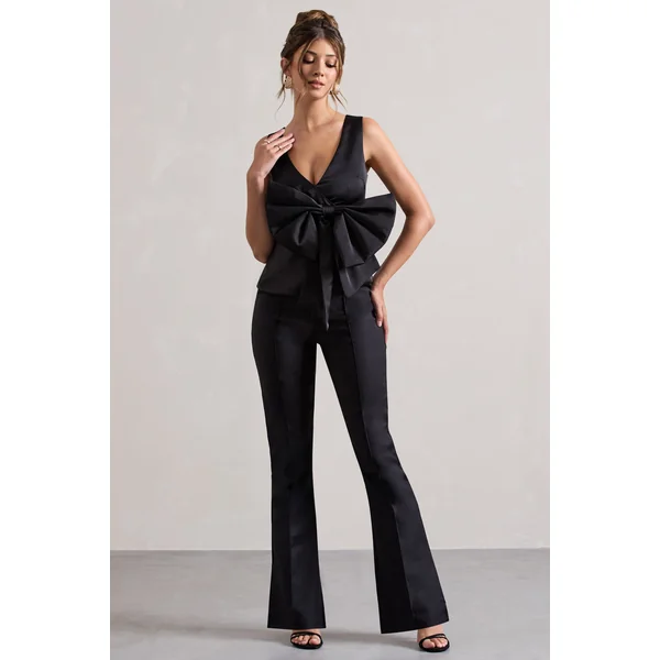 Adoration | Haut en satin noir décolleté plongeant et noeud