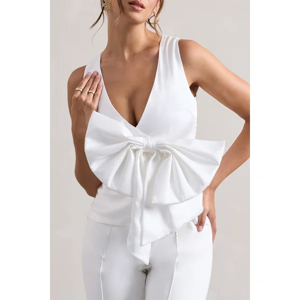 Adoration | Haut en satin noir décolleté plongeant et noeud