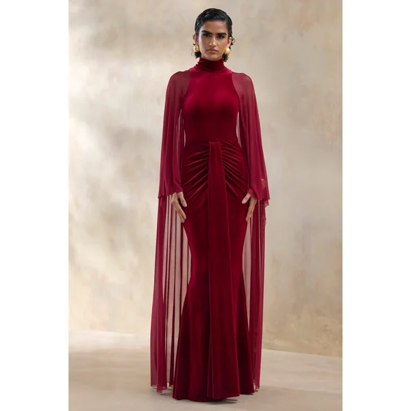 Adoring | Robe longue en velours bordeaux à haute encolure