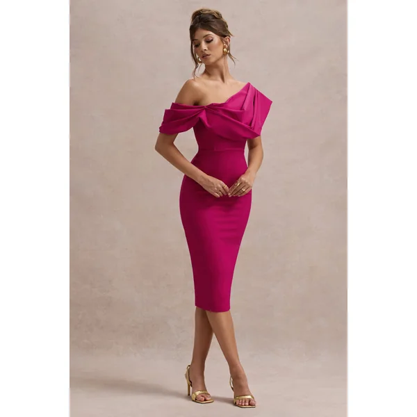 Adrina | Robe mi-longue rose foncé drapée à une épaule