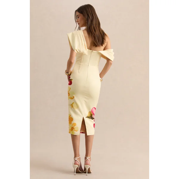 Adrina | Robe mi-longue à une épaule drapée avec imprimé floral rose fuchsia et citron