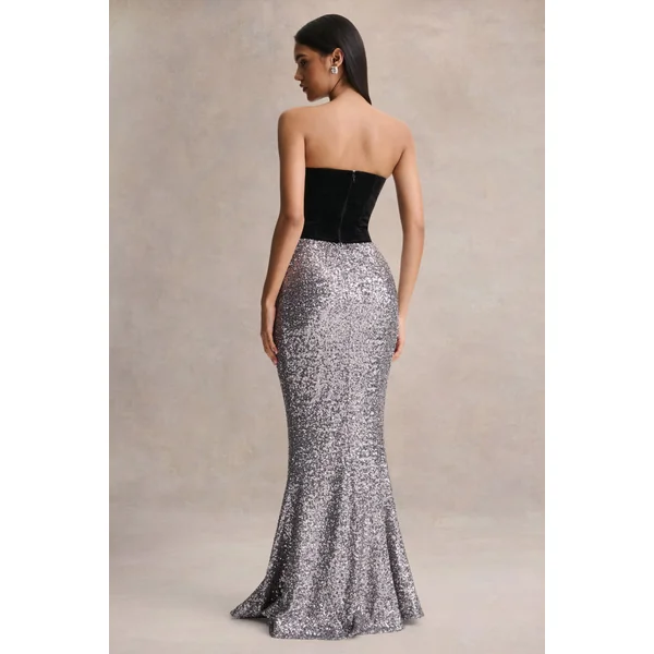 Aeris | Robe longue en velours noir et sequins argentés à décolleté plongeant