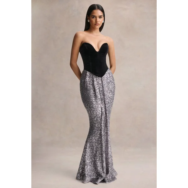 Aeris | Robe longue en velours noir et sequins argentés à décolleté plongeant