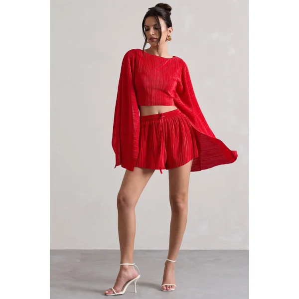 Aflame | Short rouge plissé à taille nouée