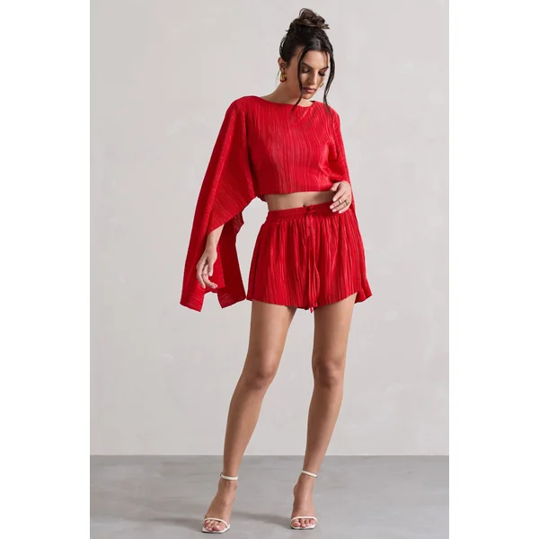 Aflame | Short rouge plissé à taille nouée