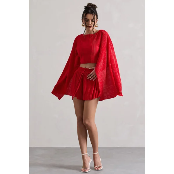 Aflame | Short rouge plissé à taille nouée